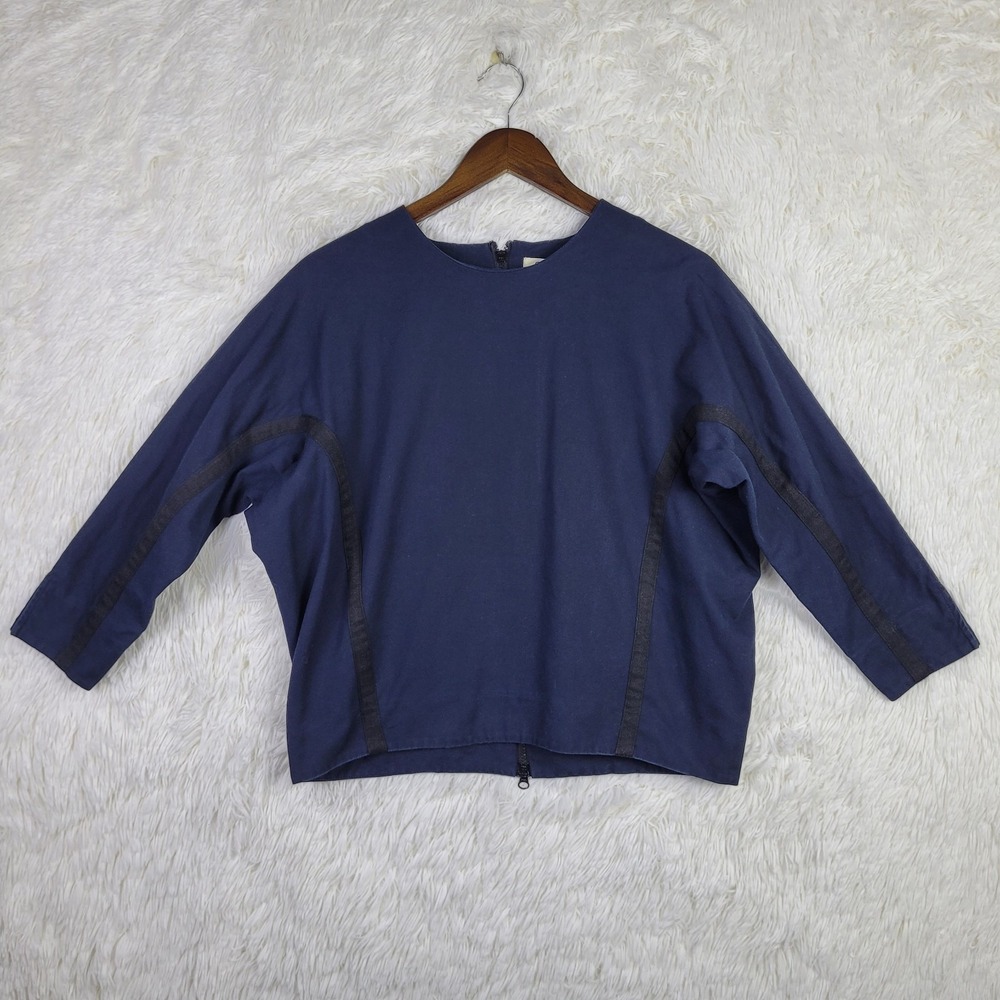 APM Monaco Navy Blue Cotton Back Zip Top 3/4 Sleeve Boxy Blouse Women Large